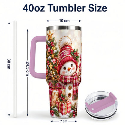 #pl[40oz|Pink] Christmas Snowman 40oz Tumbler with Handle, Festive Tree Artwork