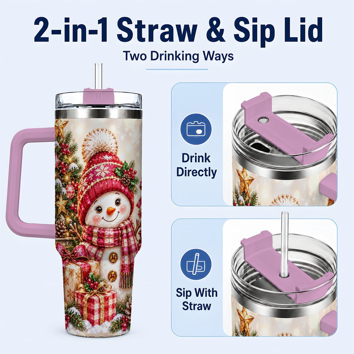 #pl[40oz|Pink] Christmas Snowman 40oz Tumbler with Handle, Festive Tree Artwork