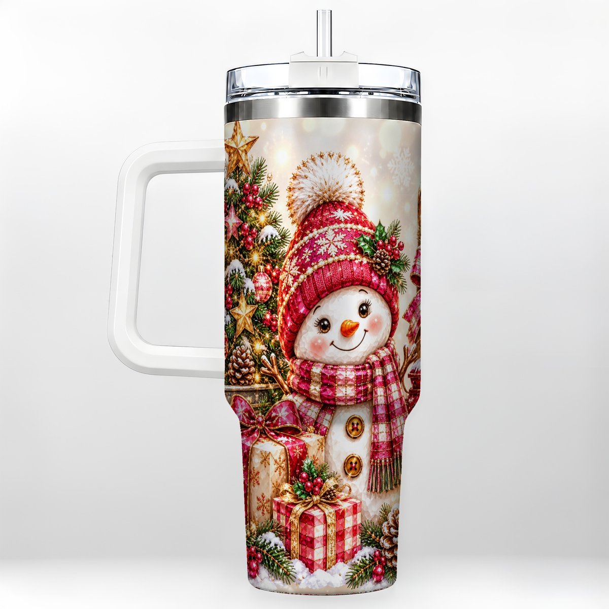 Christmas Snowman 40oz Tumbler with Handle, Festive Tree Artwork