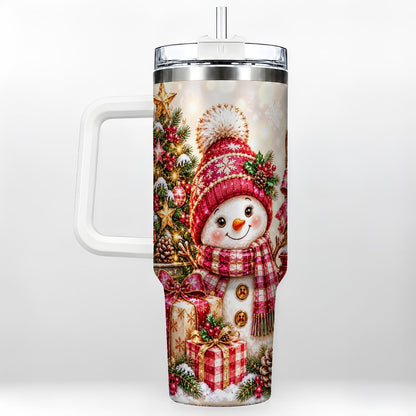 Christmas Snowman 40oz Tumbler with Handle, Festive Tree Artwork