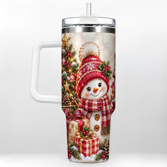 Christmas Snowman 40oz Tumbler with Handle, Festive Tree Artwork