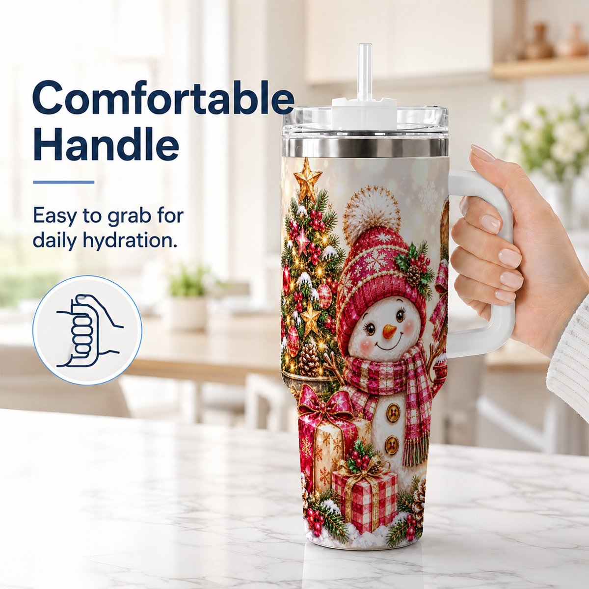 #pl[40oz|White] Christmas Snowman 40oz Tumbler with Handle, Festive Tree Artwork