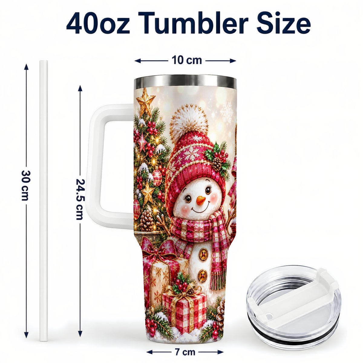#pl[40oz|White] Christmas Snowman 40oz Tumbler with Handle, Festive Tree Artwork