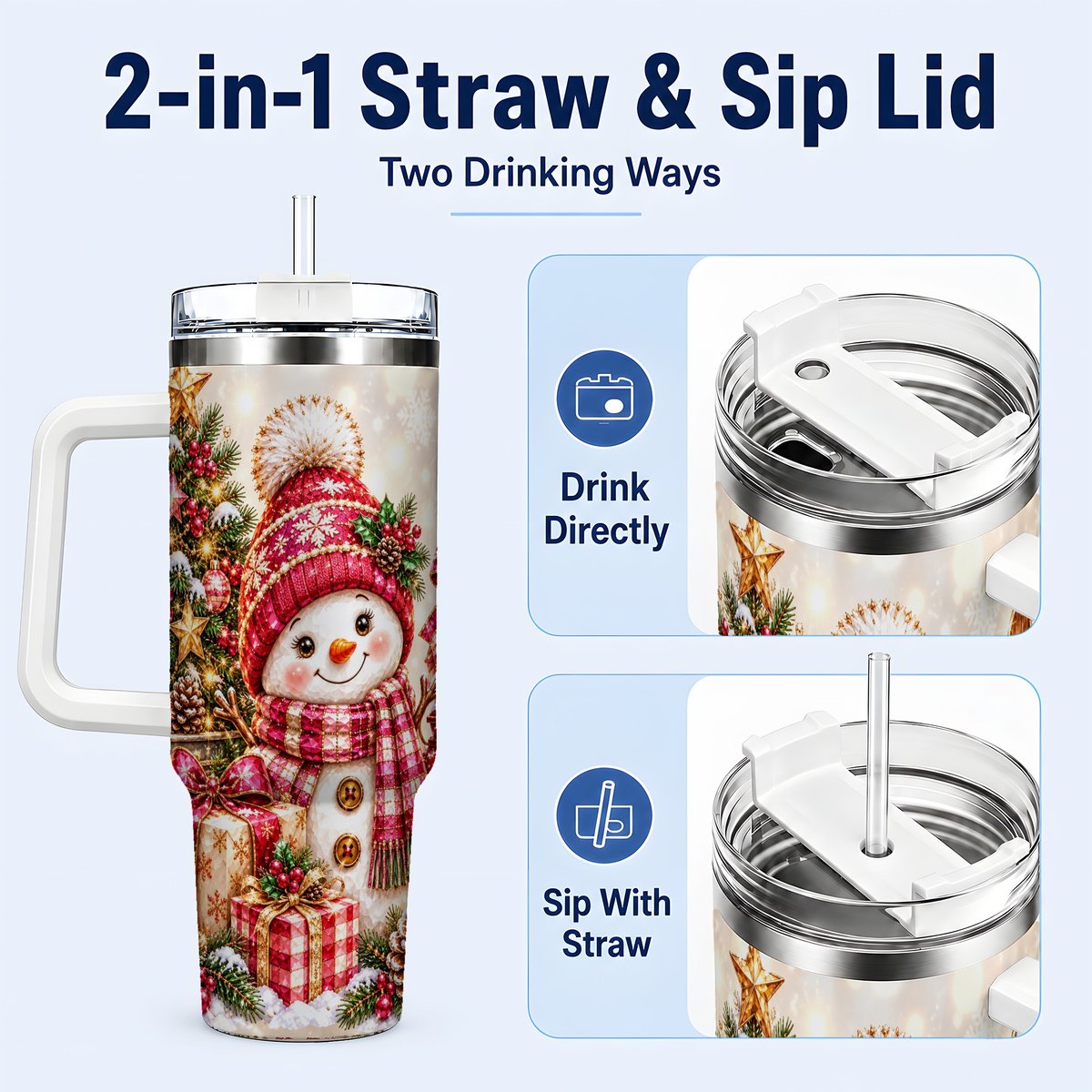 #pl[40oz|White] Christmas Snowman 40oz Tumbler with Handle, Festive Tree Artwork