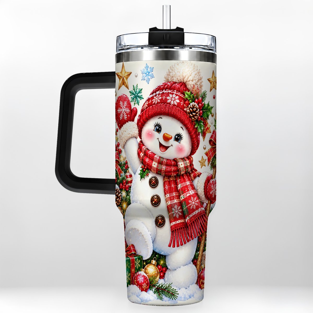 #pl[40oz|Black] Christmas Snowman 40oz Tumbler with Handle, Holiday Winter Art