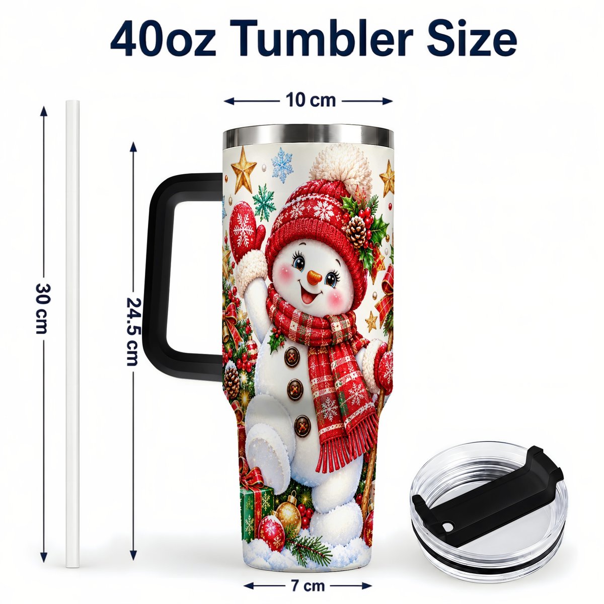 #pl[40oz|Black] Christmas Snowman 40oz Tumbler with Handle, Holiday Winter Art