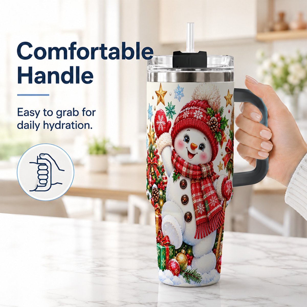 #pl[40oz|Black] Christmas Snowman 40oz Tumbler with Handle, Holiday Winter Art