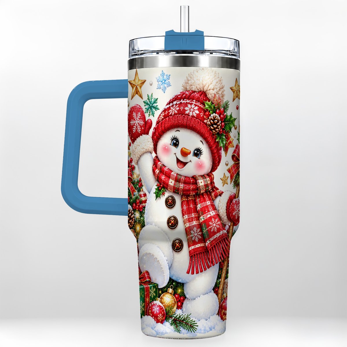 #pl[40oz|Blue] Christmas Snowman 40oz Tumbler with Handle, Holiday Winter Art