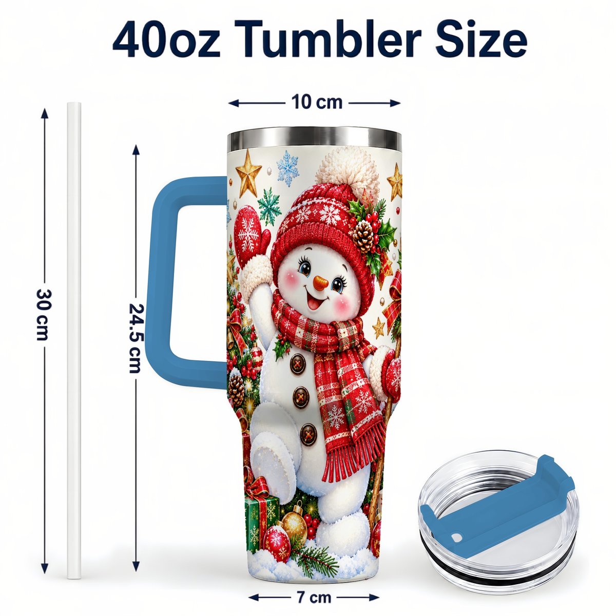 #pl[40oz|Blue] Christmas Snowman 40oz Tumbler with Handle, Holiday Winter Art