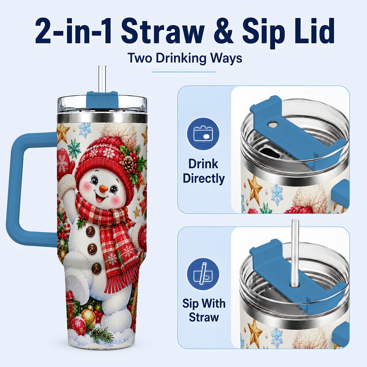 #pl[40oz|Blue] Christmas Snowman 40oz Tumbler with Handle, Holiday Winter Art