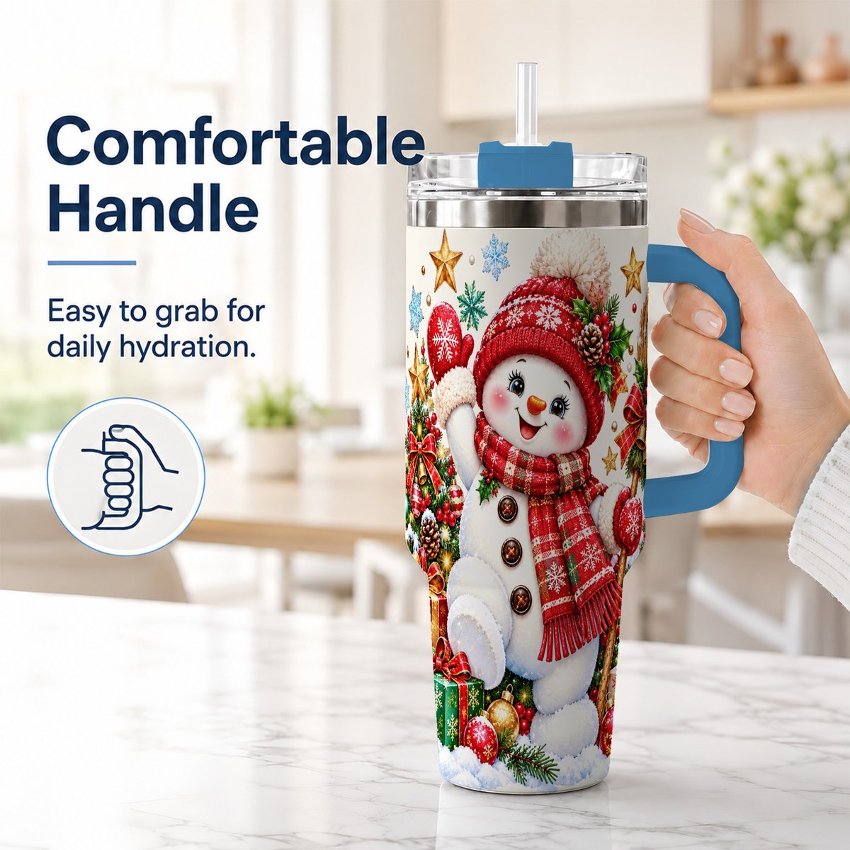 #pl[40oz|Blue] Christmas Snowman 40oz Tumbler with Handle, Holiday Winter Art