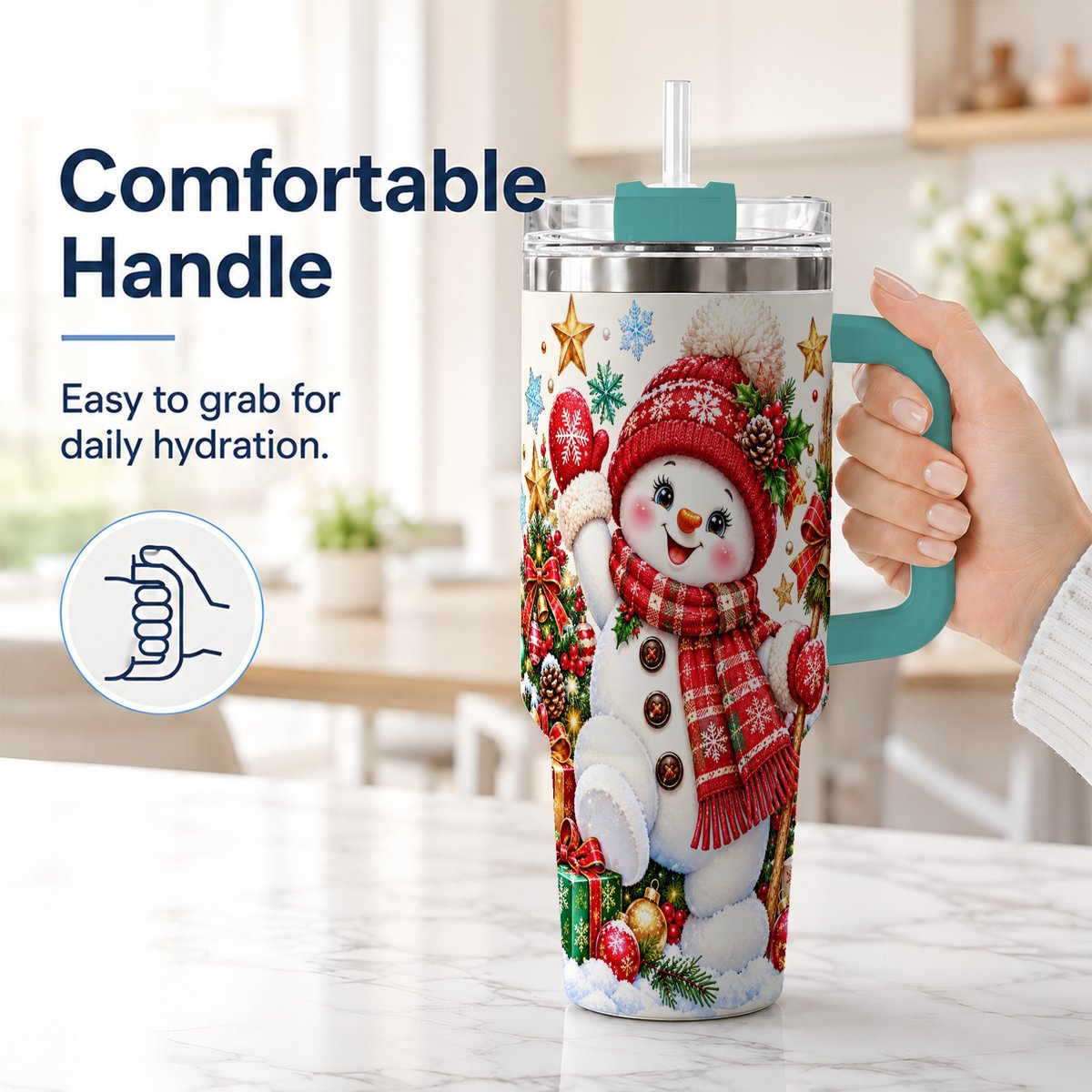#pl[40oz|Green] Christmas Snowman 40oz Tumbler with Handle, Holiday Winter Art