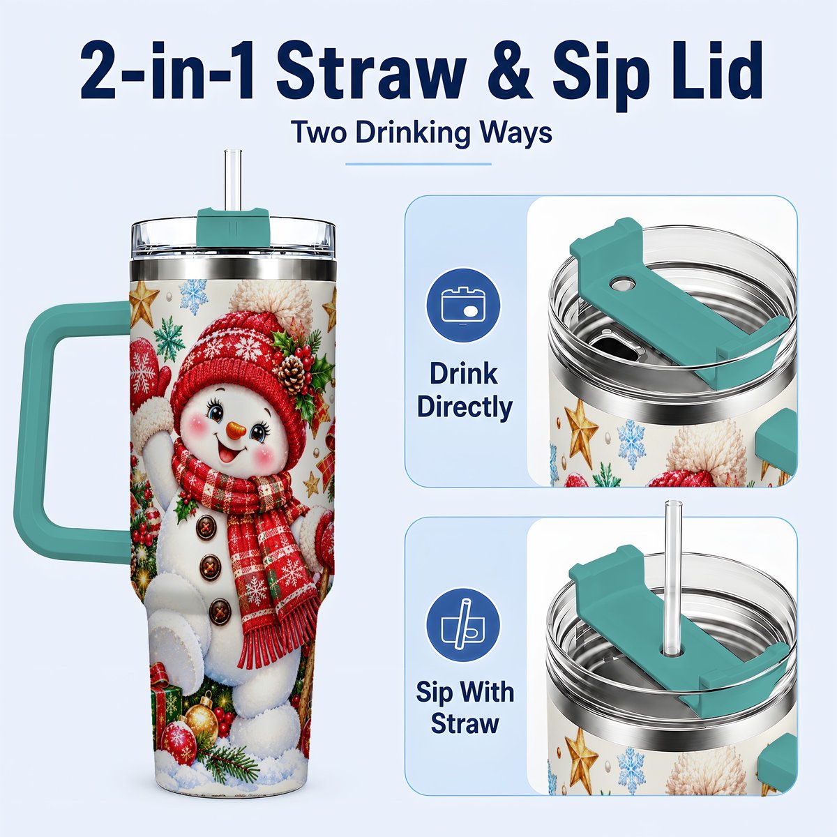 #pl[40oz|Green] Christmas Snowman 40oz Tumbler with Handle, Holiday Winter Art