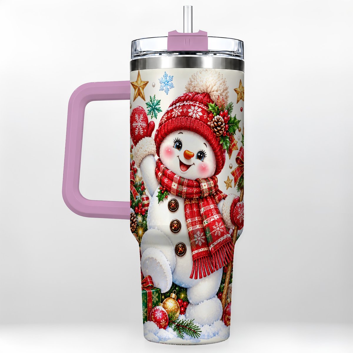 #pl[40oz|Pink] Christmas Snowman 40oz Tumbler with Handle, Holiday Winter Art