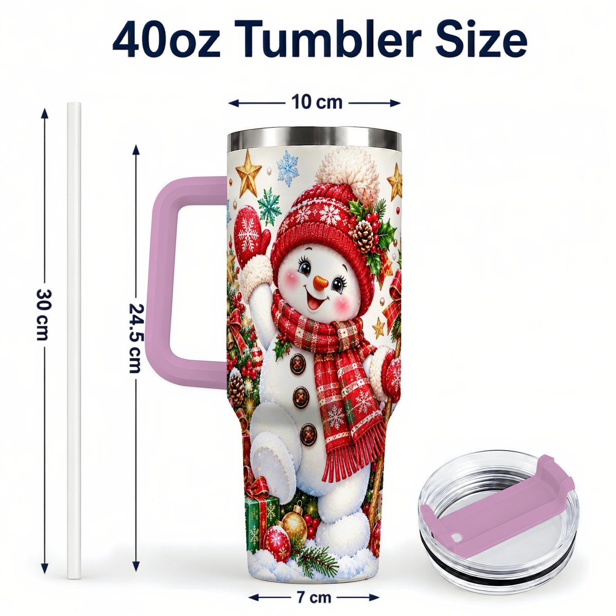 #pl[40oz|Pink] Christmas Snowman 40oz Tumbler with Handle, Holiday Winter Art