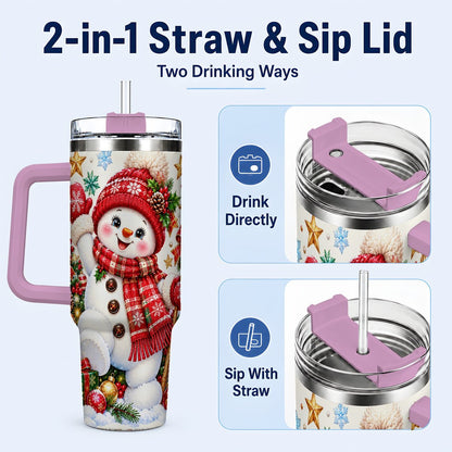 #pl[40oz|Pink] Christmas Snowman 40oz Tumbler with Handle, Holiday Winter Art