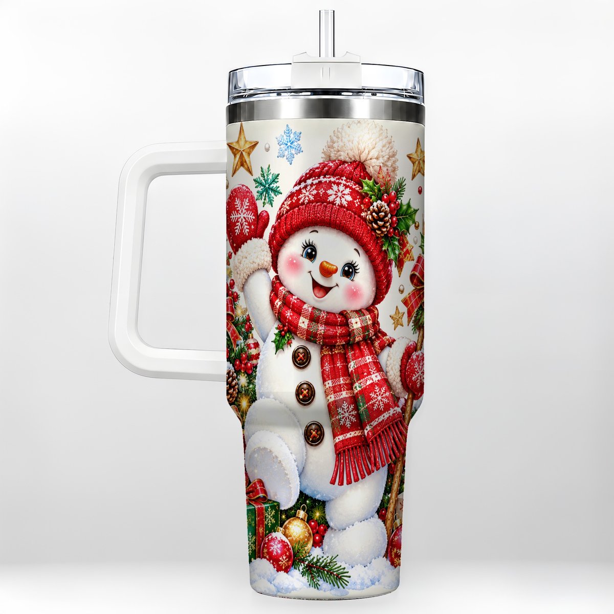 Christmas Snowman 40oz Tumbler with Handle, Holiday Winter Art