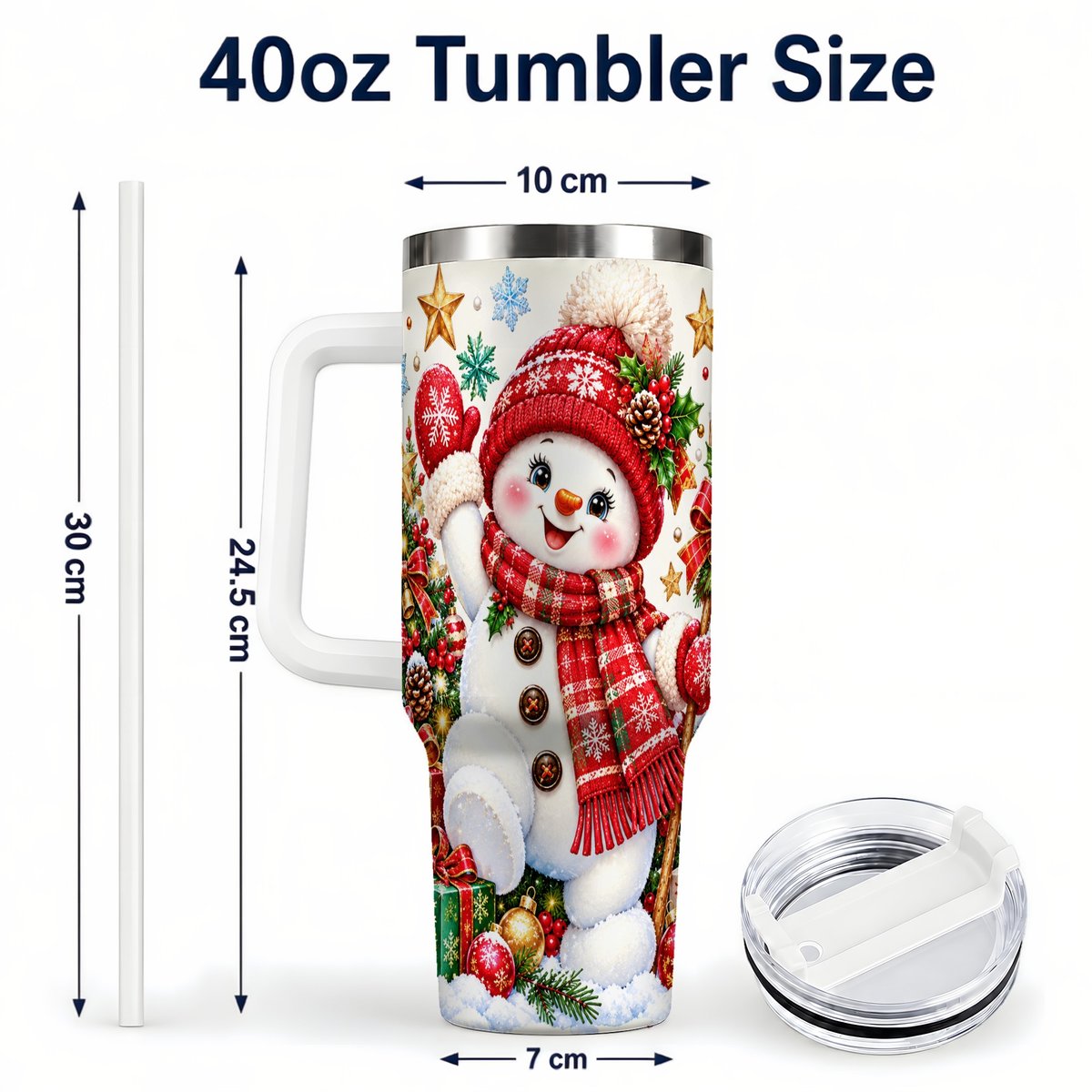 #pl[40oz|White] Christmas Snowman 40oz Tumbler with Handle, Holiday Winter Art