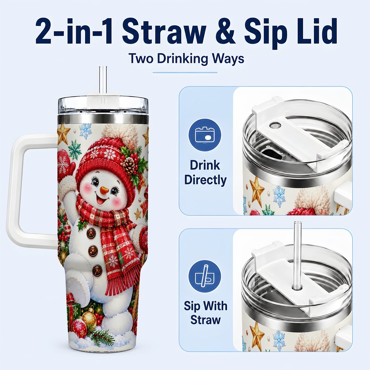 #pl[40oz|White] Christmas Snowman 40oz Tumbler with Handle, Holiday Winter Art