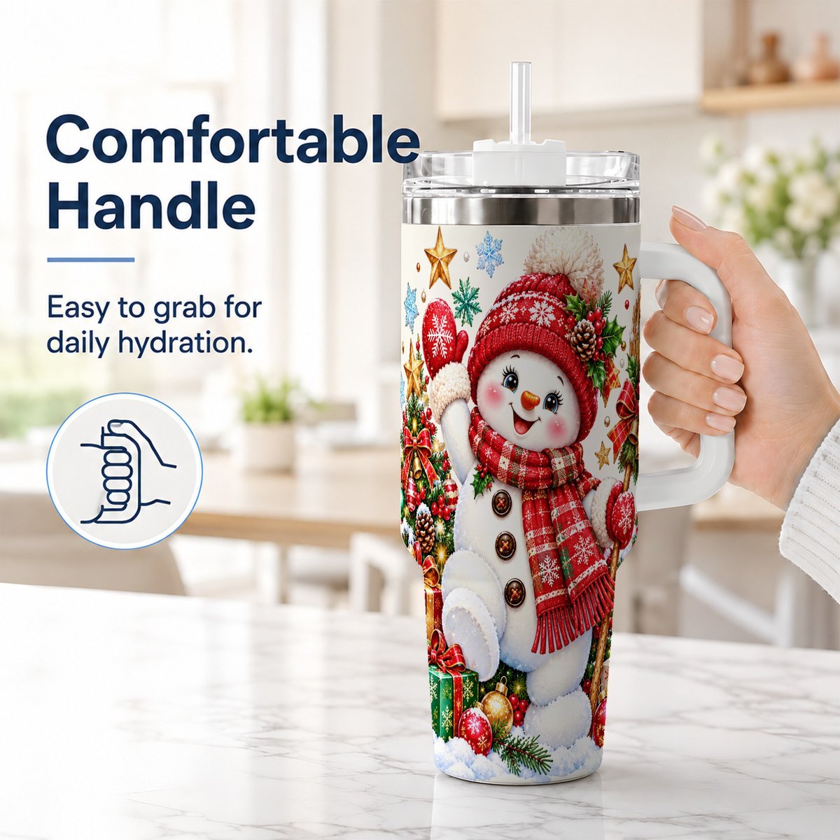 #pl[40oz|White] Christmas Snowman 40oz Tumbler with Handle, Holiday Winter Art