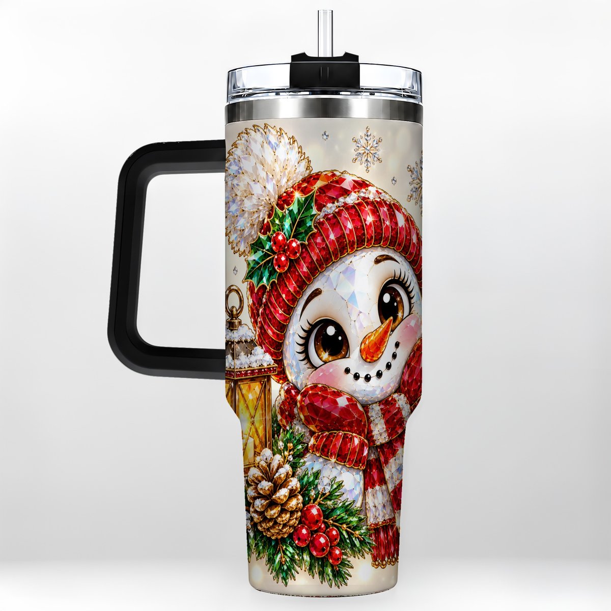 #pl[40oz|Black] Crystal Snowman 40oz Tumbler with Handle, Festive Lantern Art