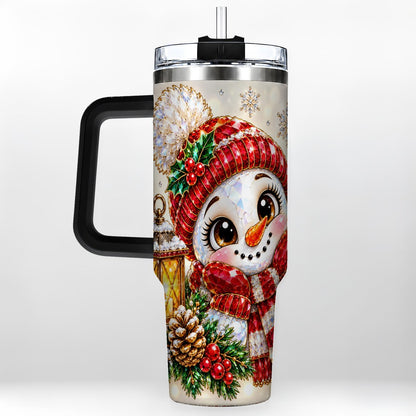 #pl[40oz|Black] Crystal Snowman 40oz Tumbler with Handle, Festive Lantern Art