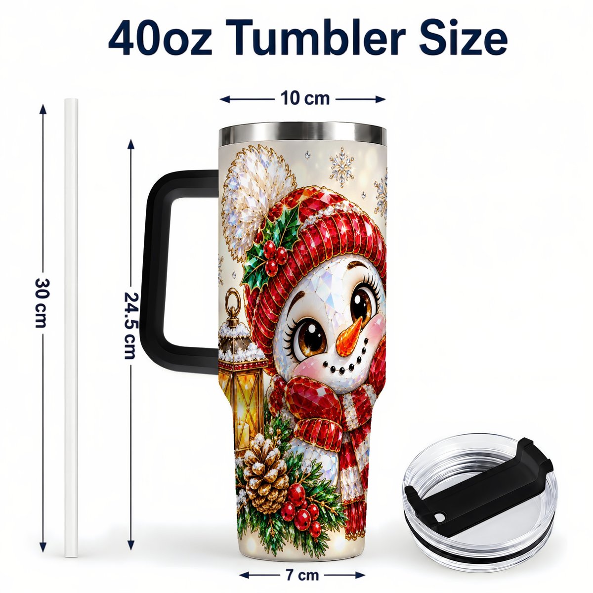 #pl[40oz|Black] Crystal Snowman 40oz Tumbler with Handle, Festive Lantern Art