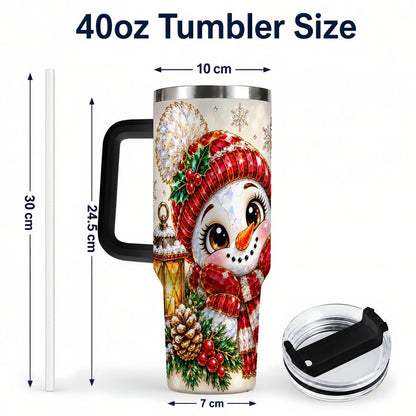 #pl[40oz|Black] Crystal Snowman 40oz Tumbler with Handle, Festive Lantern Art