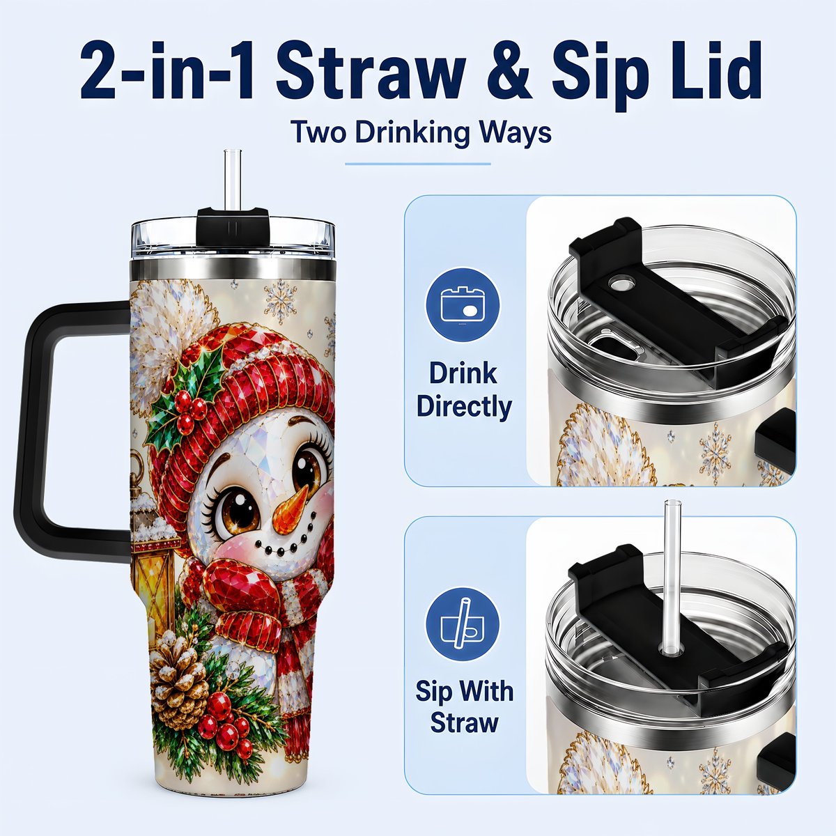 #pl[40oz|Black] Crystal Snowman 40oz Tumbler with Handle, Festive Lantern Art