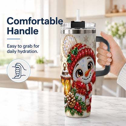 #pl[40oz|Black] Crystal Snowman 40oz Tumbler with Handle, Festive Lantern Art