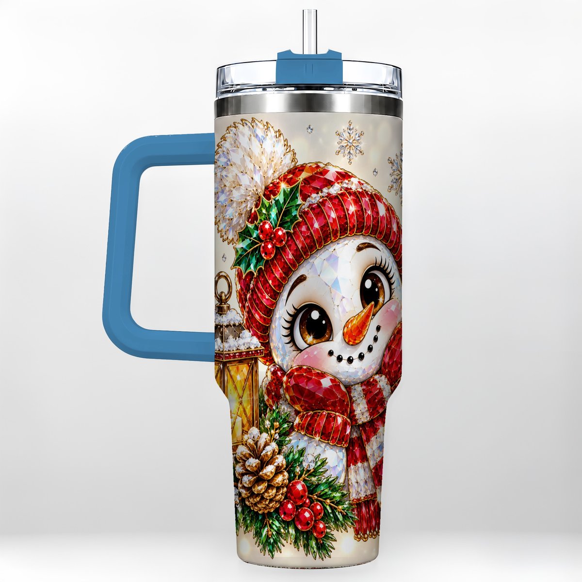 #pl[40oz|Blue] Crystal Snowman 40oz Tumbler with Handle, Festive Lantern Art