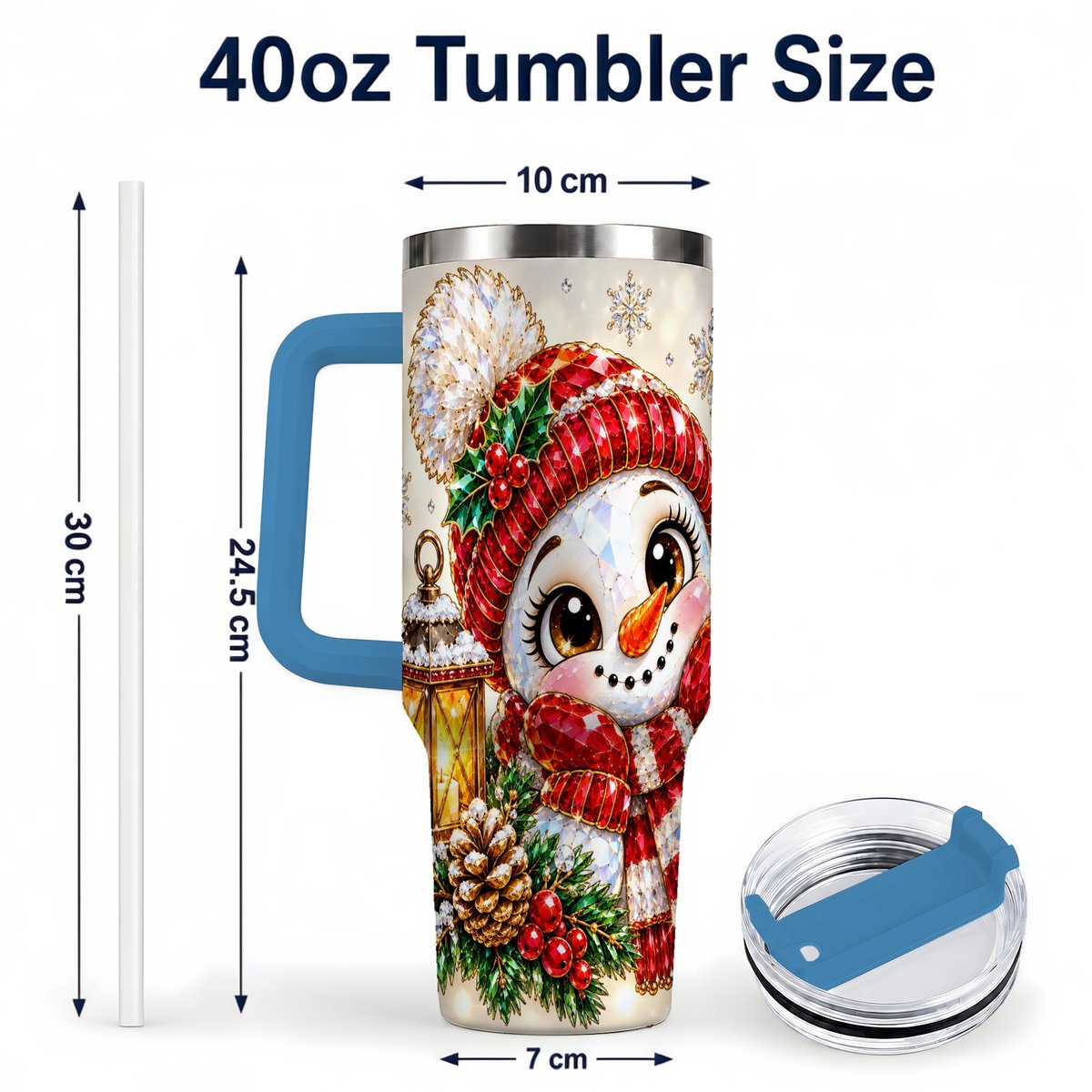 #pl[40oz|Blue] Crystal Snowman 40oz Tumbler with Handle, Festive Lantern Art