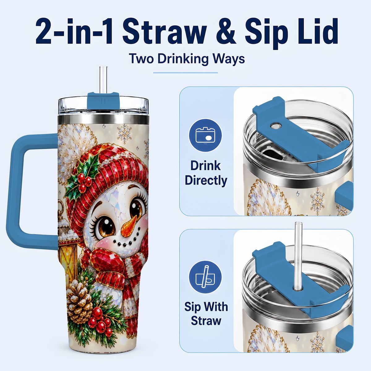 #pl[40oz|Blue] Crystal Snowman 40oz Tumbler with Handle, Festive Lantern Art
