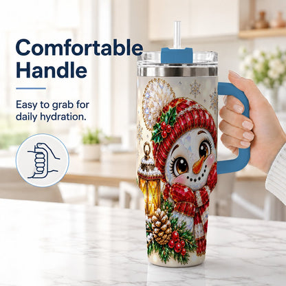 #pl[40oz|Blue] Crystal Snowman 40oz Tumbler with Handle, Festive Lantern Art
