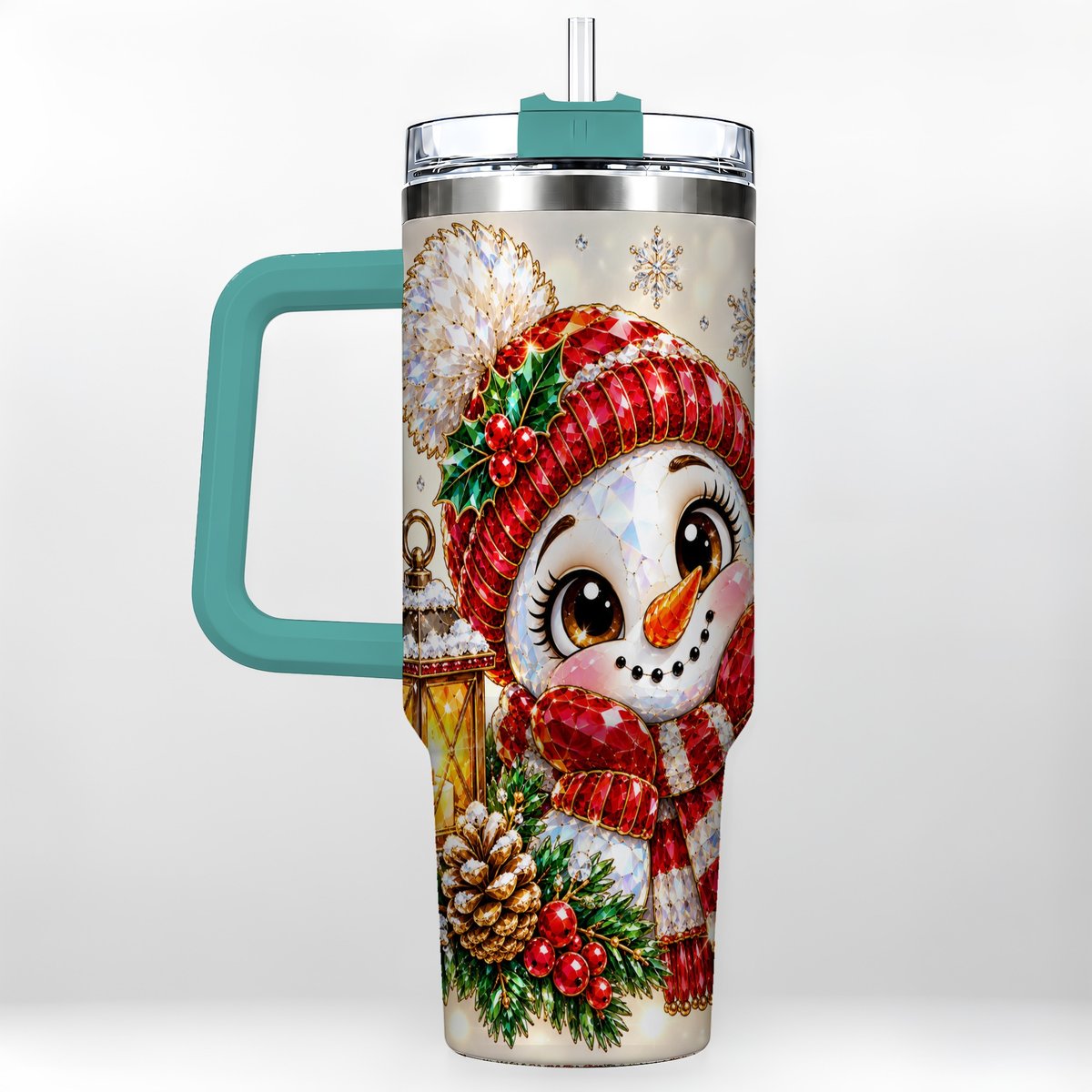 #pl[40oz|Green] Crystal Snowman 40oz Tumbler with Handle, Festive Lantern Art