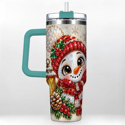 #pl[40oz|Green] Crystal Snowman 40oz Tumbler with Handle, Festive Lantern Art