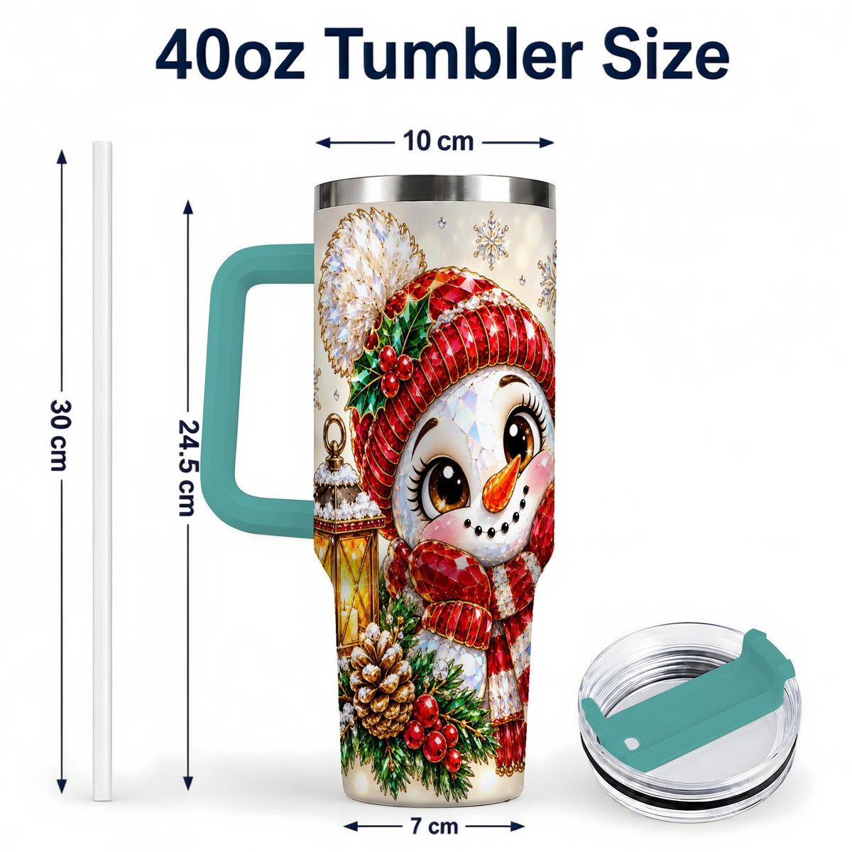 #pl[40oz|Green] Crystal Snowman 40oz Tumbler with Handle, Festive Lantern Art