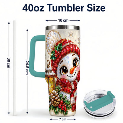 #pl[40oz|Green] Crystal Snowman 40oz Tumbler with Handle, Festive Lantern Art