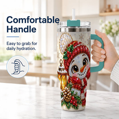 #pl[40oz|Green] Crystal Snowman 40oz Tumbler with Handle, Festive Lantern Art