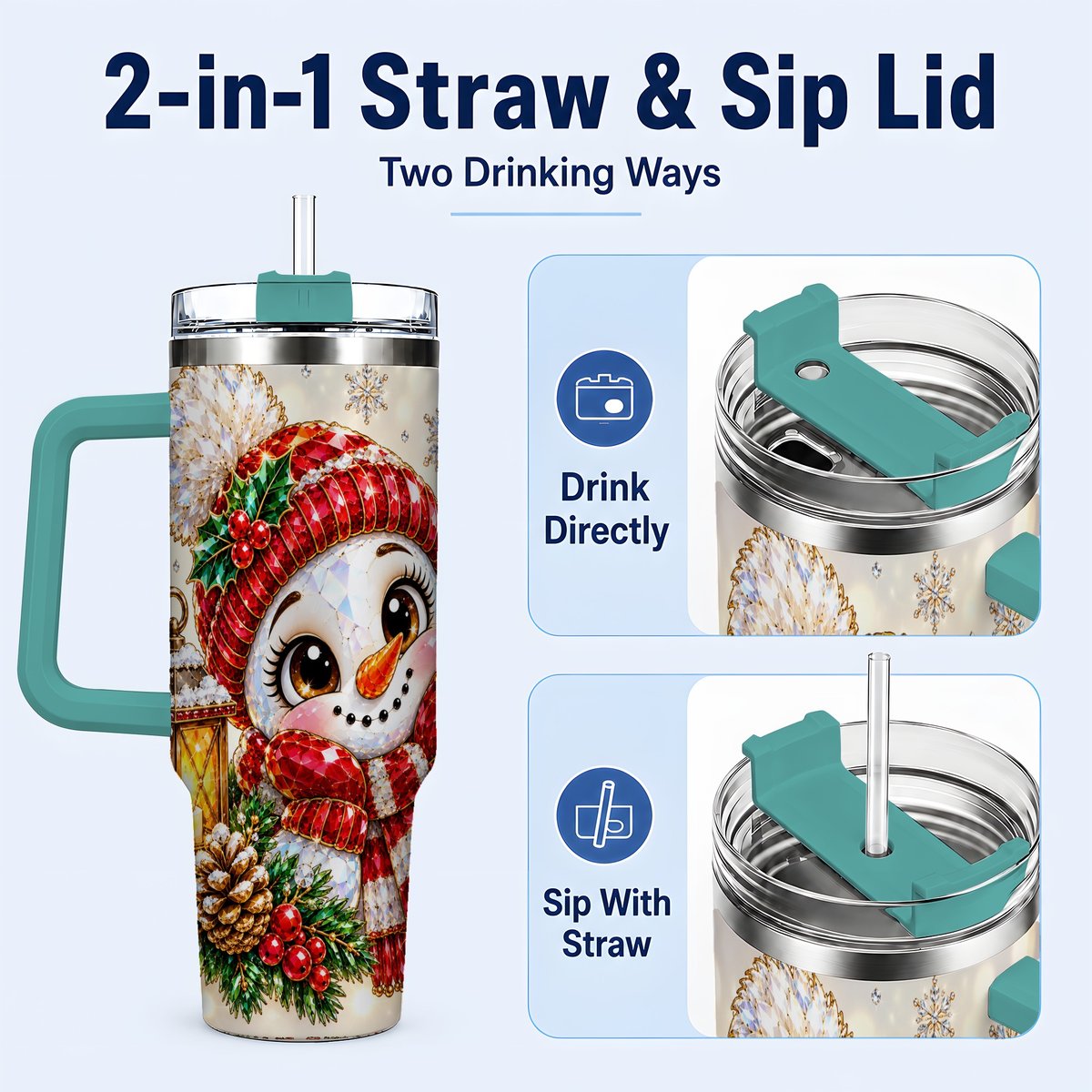 #pl[40oz|Green] Crystal Snowman 40oz Tumbler with Handle, Festive Lantern Art