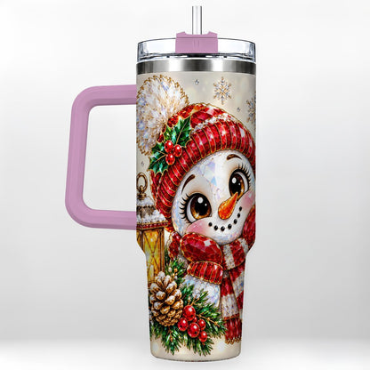 #pl[40oz|Pink] Crystal Snowman 40oz Tumbler with Handle, Festive Lantern Art