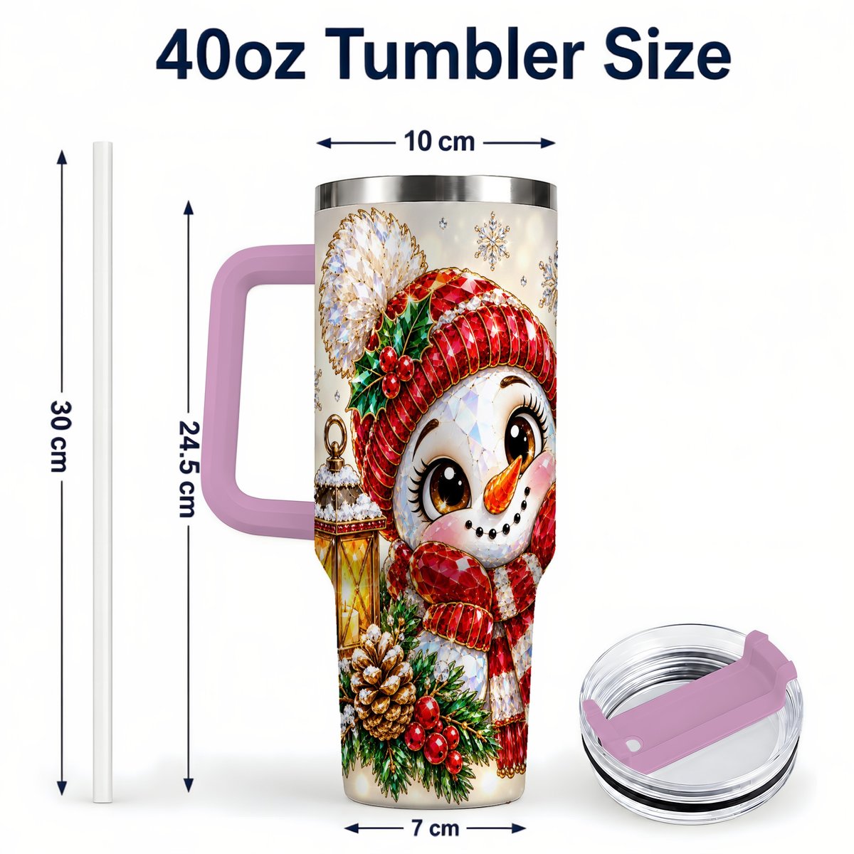#pl[40oz|Pink] Crystal Snowman 40oz Tumbler with Handle, Festive Lantern Art