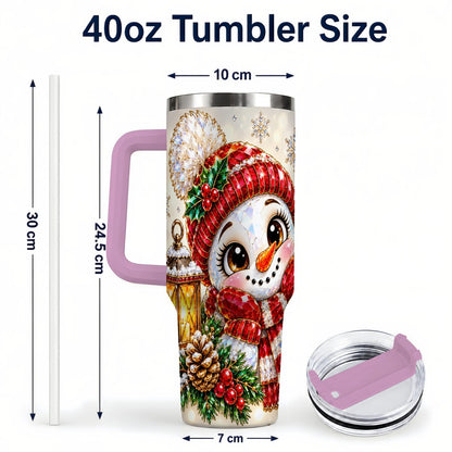 #pl[40oz|Pink] Crystal Snowman 40oz Tumbler with Handle, Festive Lantern Art
