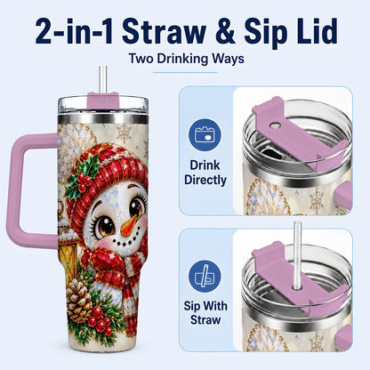 #pl[40oz|Pink] Crystal Snowman 40oz Tumbler with Handle, Festive Lantern Art