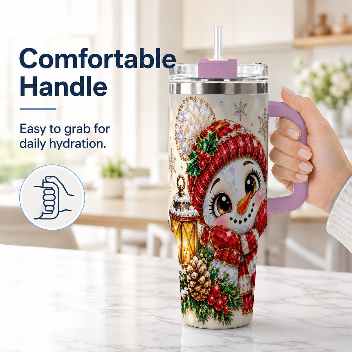 #pl[40oz|Pink] Crystal Snowman 40oz Tumbler with Handle, Festive Lantern Art