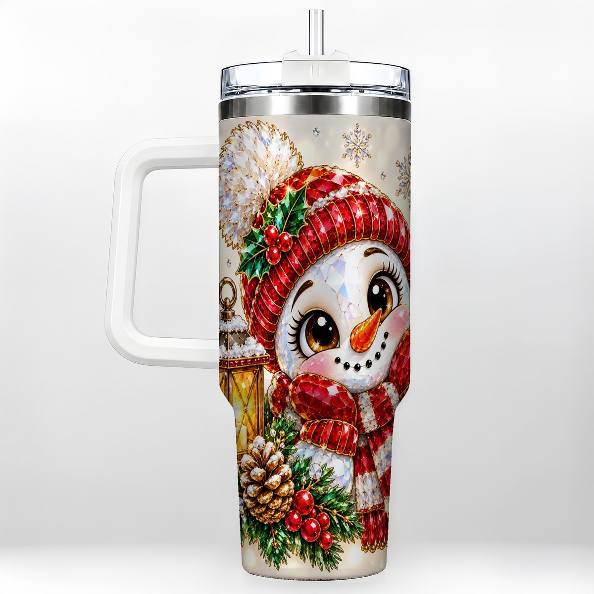 Crystal Snowman 40oz Tumbler with Handle, Festive Lantern Art