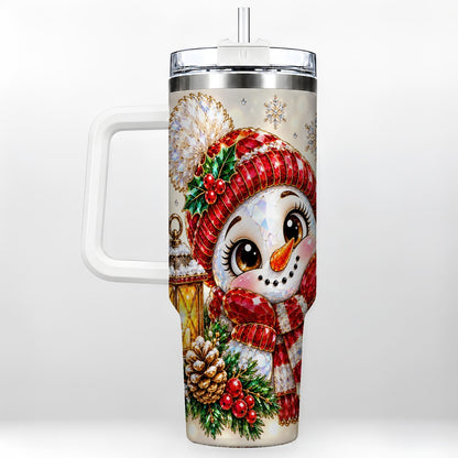 Crystal Snowman 40oz Tumbler with Handle, Festive Lantern Art