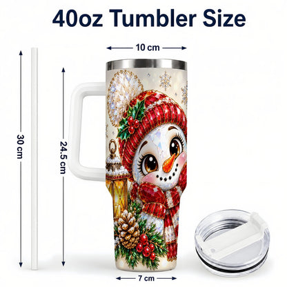 #pl[40oz|White] Crystal Snowman 40oz Tumbler with Handle, Festive Lantern Art