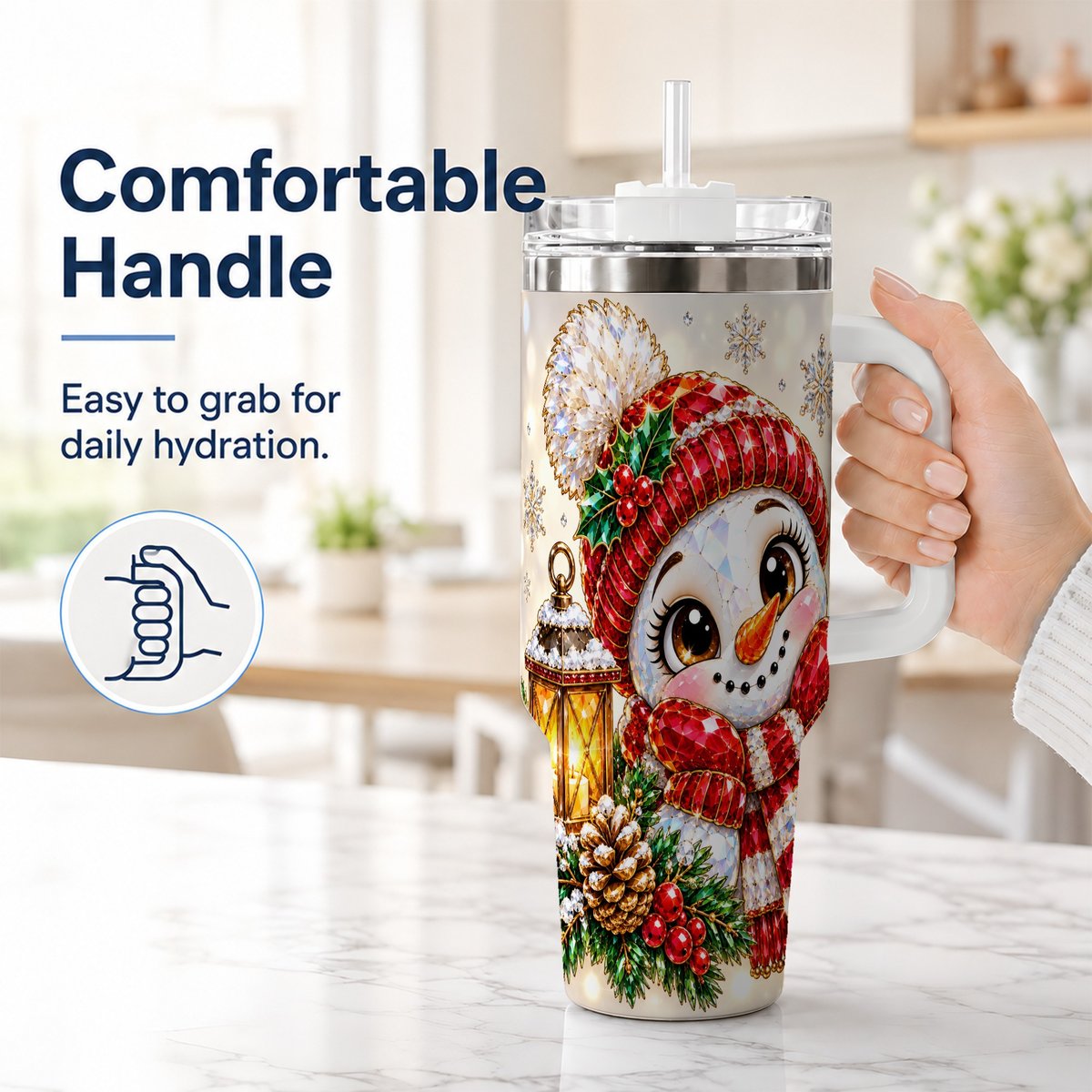 #pl[40oz|White] Crystal Snowman 40oz Tumbler with Handle, Festive Lantern Art