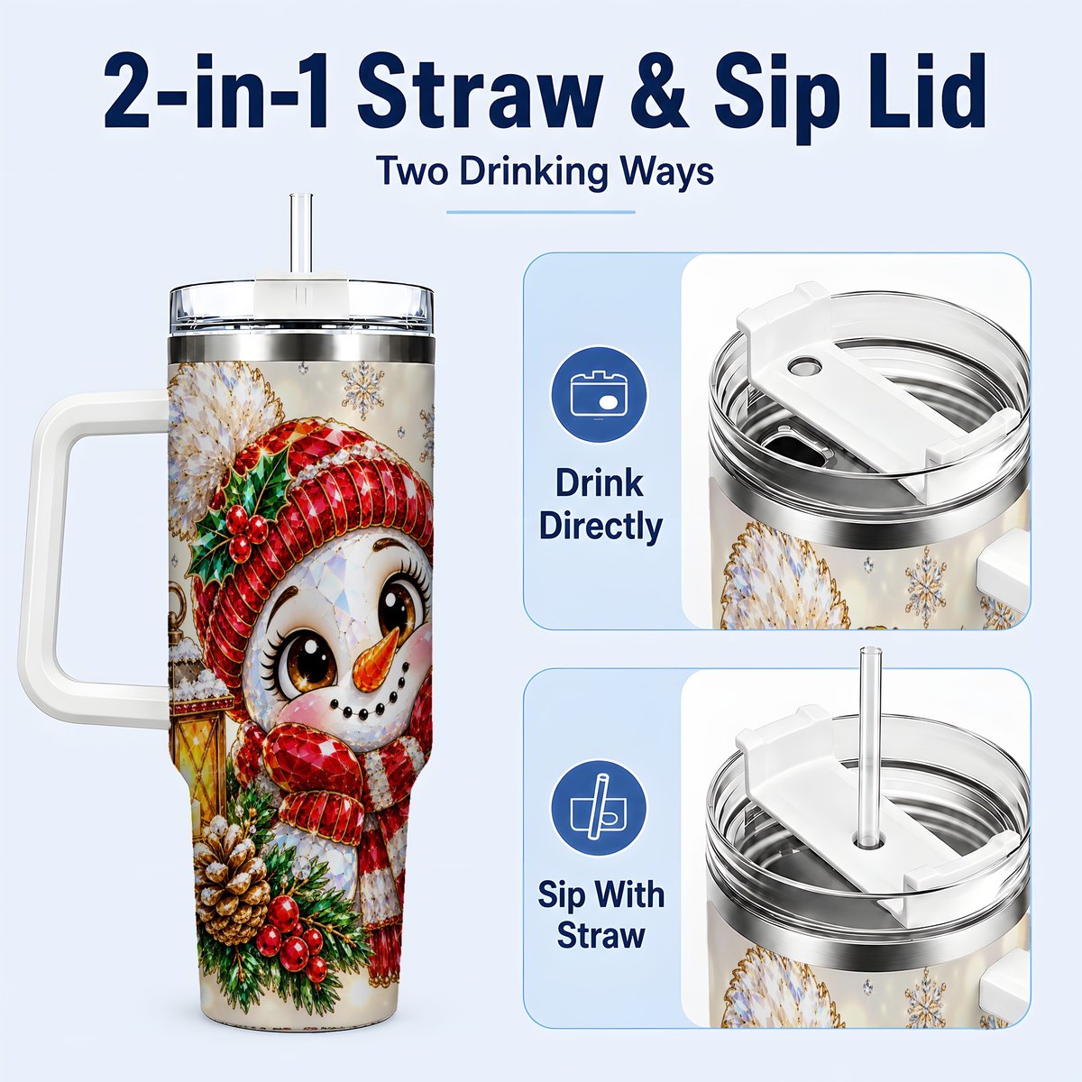 #pl[40oz|White] Crystal Snowman 40oz Tumbler with Handle, Festive Lantern Art